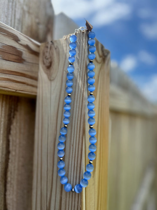Blue Cateye with 5mm Sterling Silver Pearls - 18"
