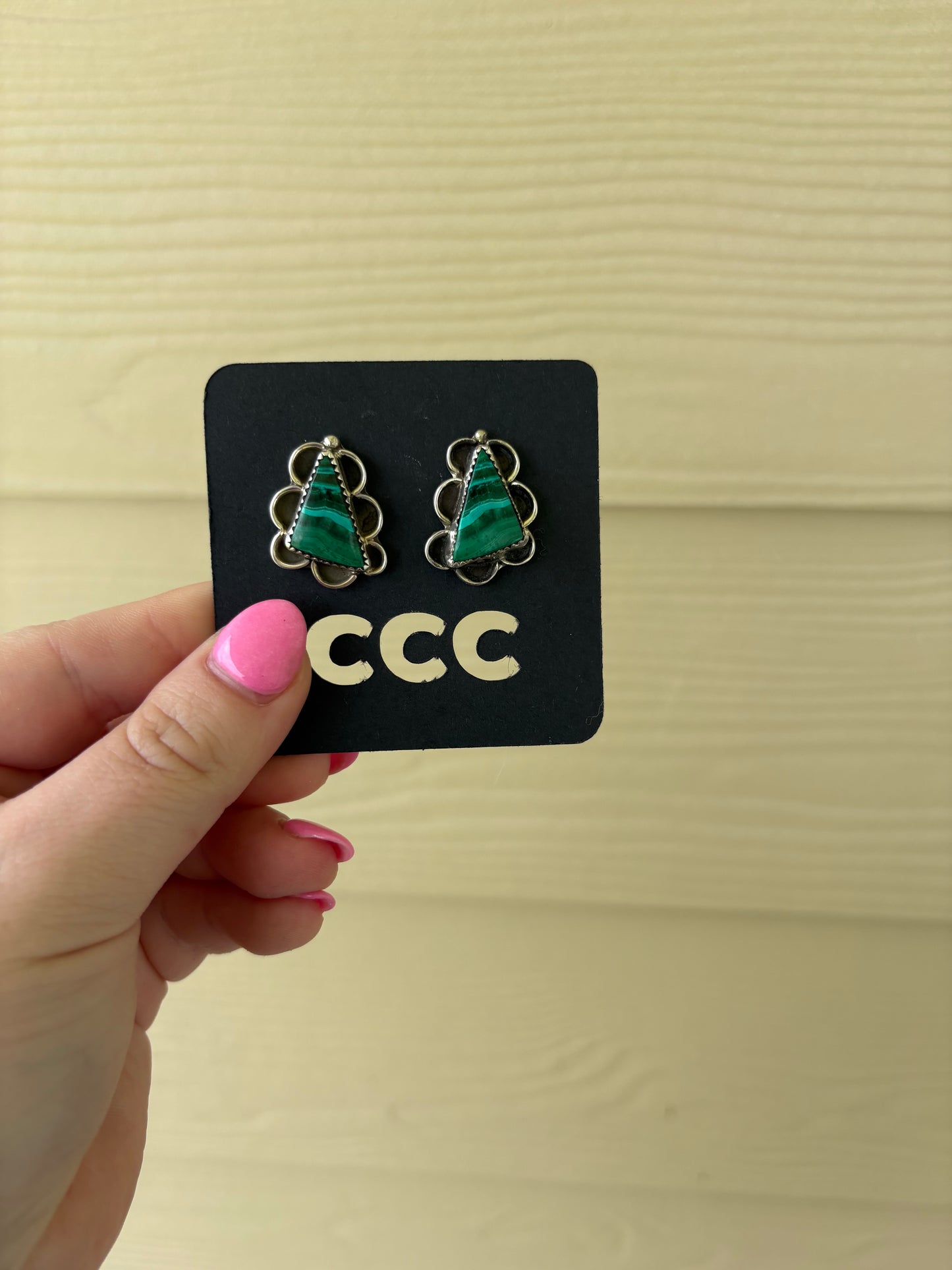 Malachite Triangle Earrings with Scroll