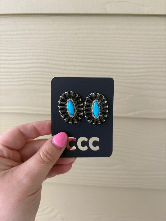 Black Onyx and Turquoise Large Oval Cluster Earrings