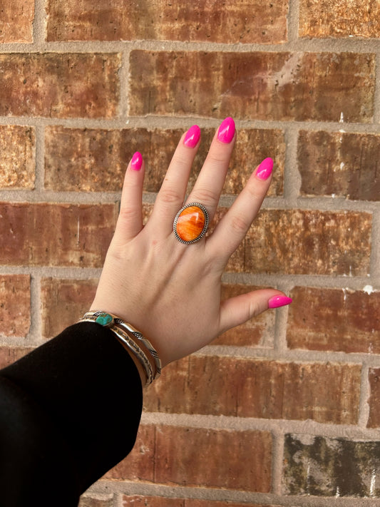 Orange Spiny Large Oval Stone Ring