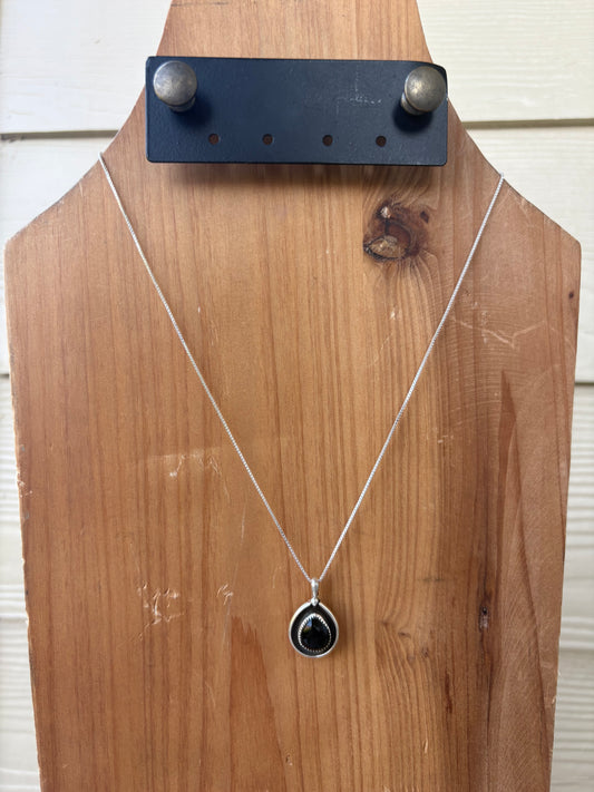 Black Onyx Teardrop Raised Edge Pendant on Chain - 18"