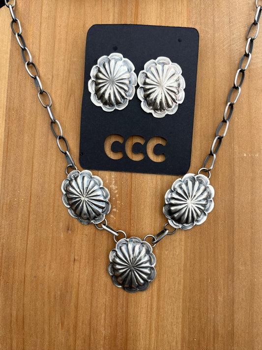 Stamped Sterling Concho Necklace and Earrings Set