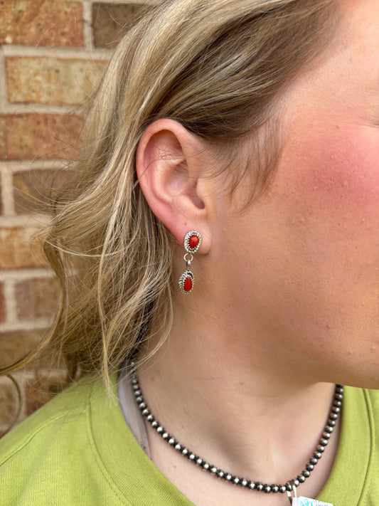Red Coral 2-Stone Teardrop Dangle Earrings