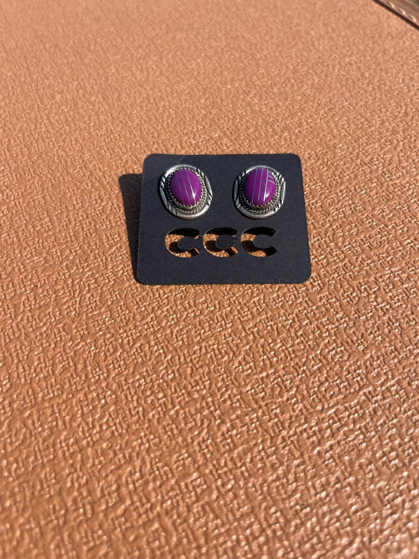 Purple Charoite Inlayed Oval Studs