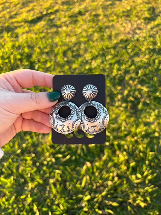 Sterling Stamped Hollow Circle Dangle Earrings