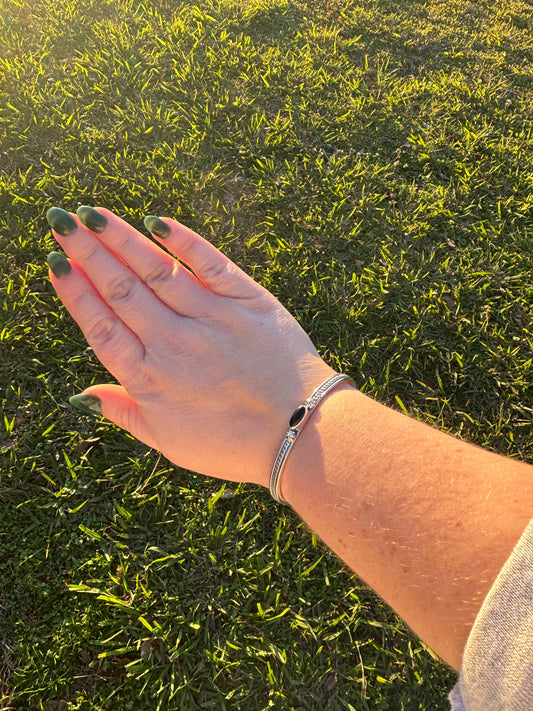 Black Onyx Stamped Band Single Stone Cuff