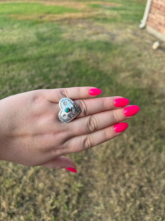 Turquoise Stamped Heart Ring - MULTIPLE SIZES