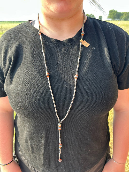 36" Orange Spiny and Sterling Silver Pearl Lariat with 6" Drop