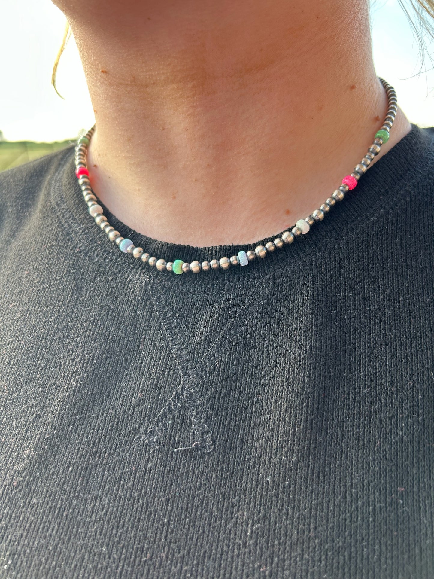 20" Multi-Opal and Sterling Silver Pearl Necklace