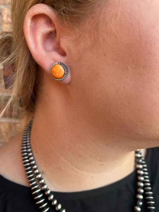 Orange Spiny Circle Studs with Rope
