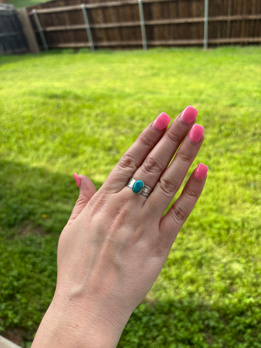 Kingman Turquoise Thick Stamped Band Ring - Size 7.5