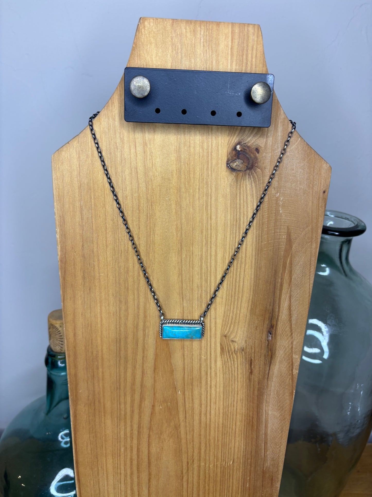 Kingman Turquoise Medium Rope Edge Bar Necklace - 18"