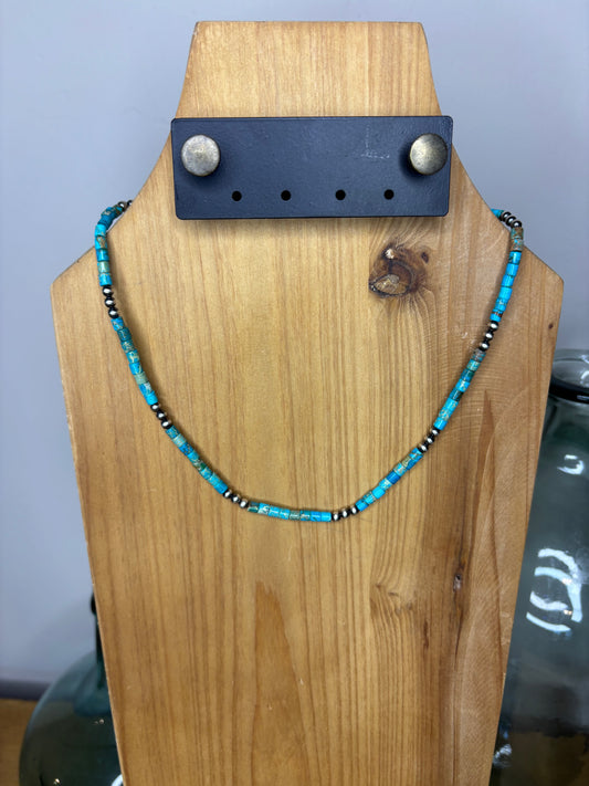 Blue Kingman Disc Necklace with 4mm Sterling Pearls - 18"