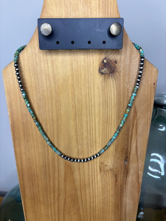 Green Kingman Disc Necklace with 5mm Sterling Pearls - 20"