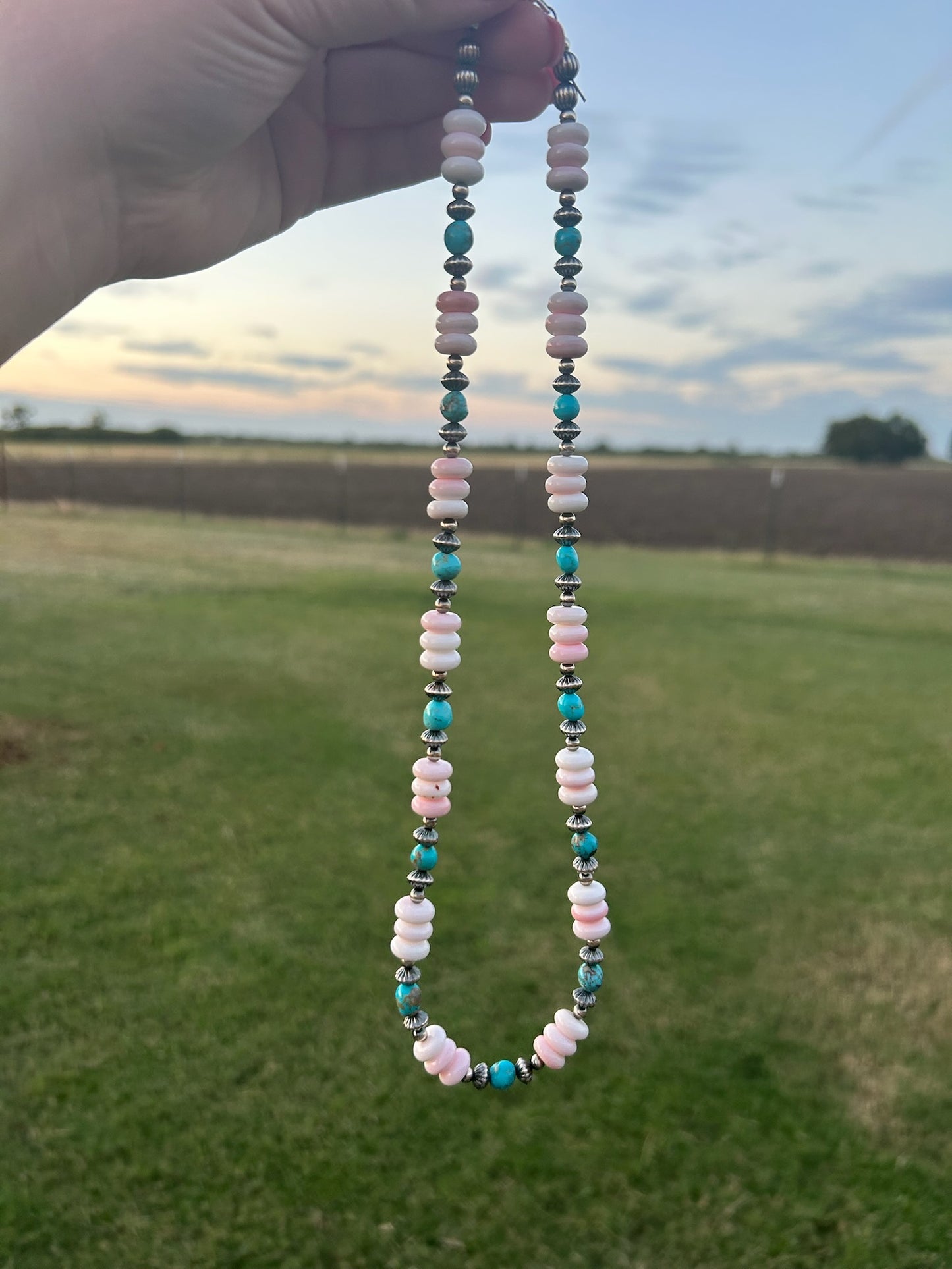 21" Pink Conch and Turquoise Sterling Pearl Necklace