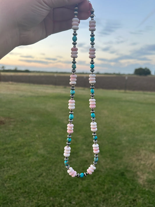 21" Pink Conch and Turquoise Sterling Pearl Necklace