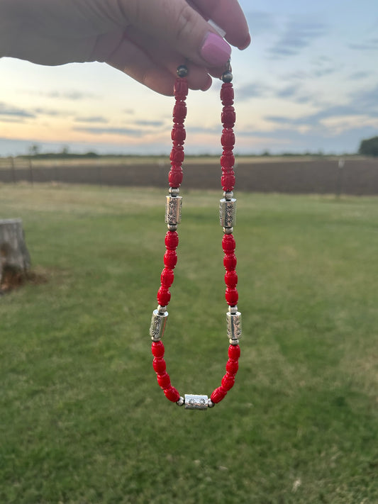 18" Red Coral Barrel Bead Necklace