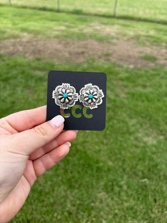 Turquoise and Stamped Sterling Medium Zia Sun Concho Earrings