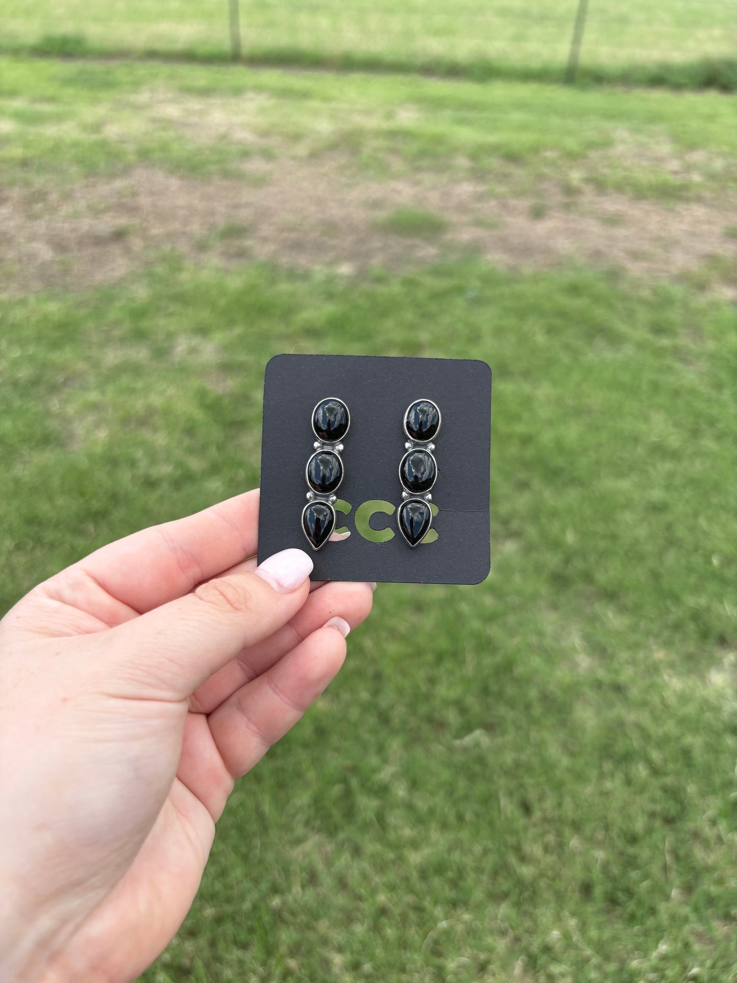 Black Onyx 3-Stone Point Earrings