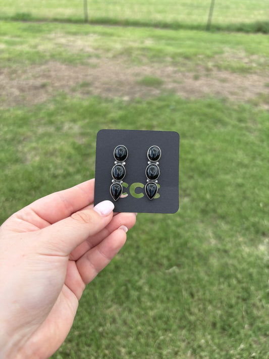 Black Onyx 3-Stone Point Earrings