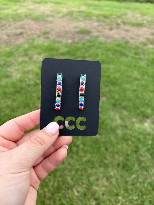 Coral, Lapis, Turquoise, and Onyx Half Hoop Earrings