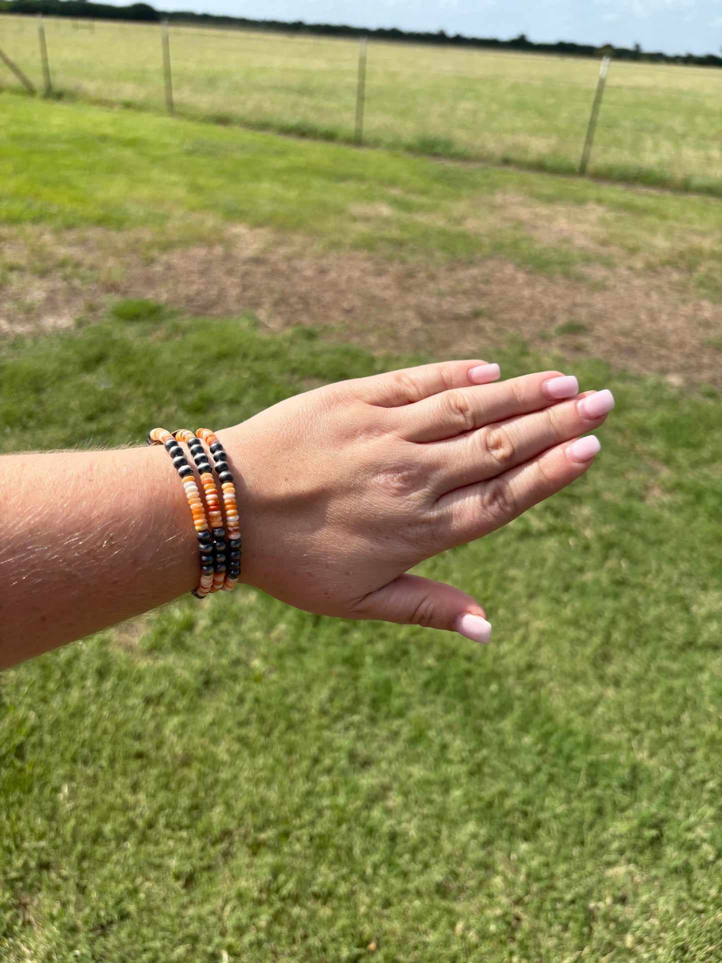 Orange Spiny and Sterling Pearl Memory Wire Bracelet