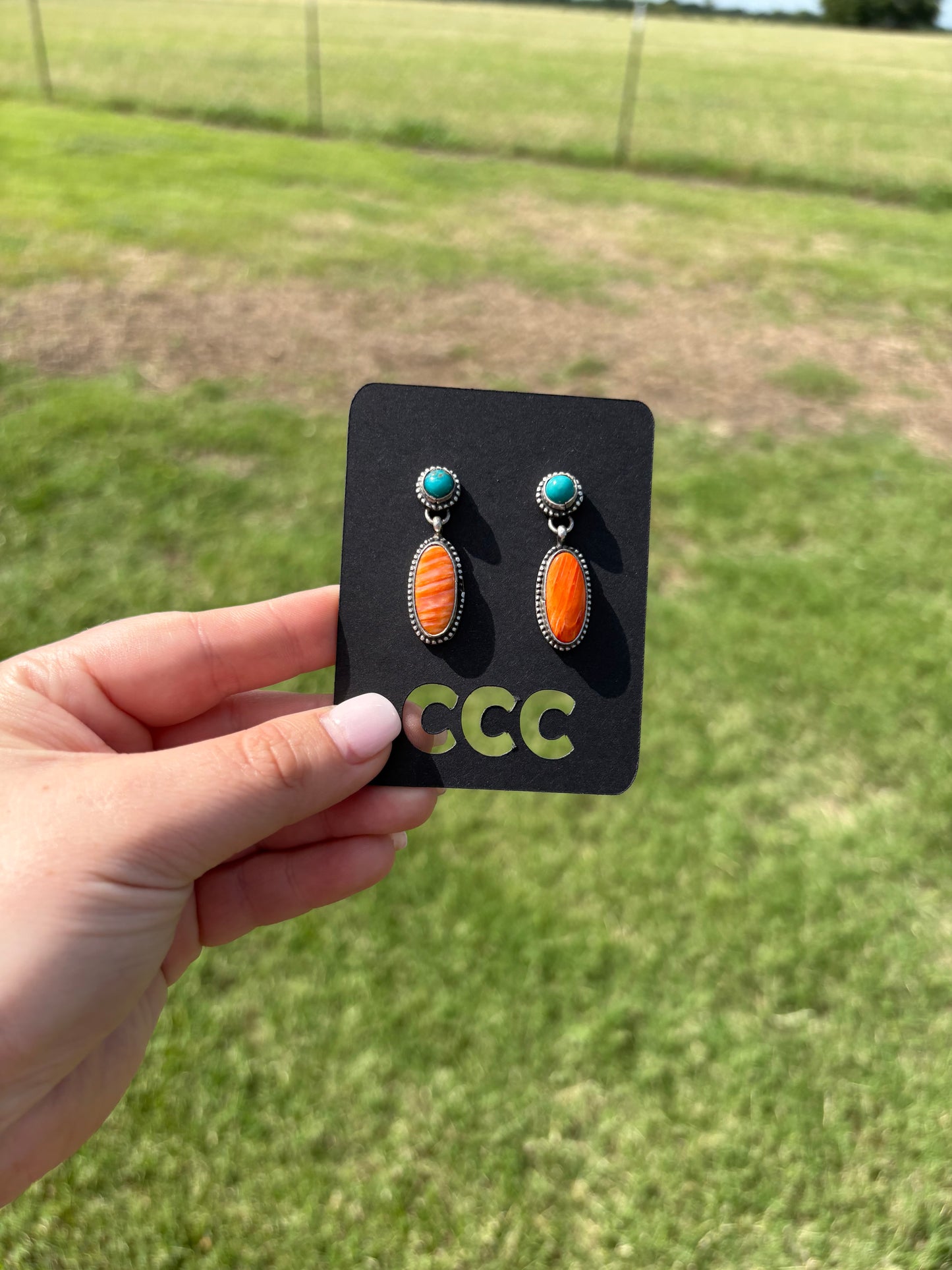 Turquoise and Orange Spiny 2-Stone Drop Earrings