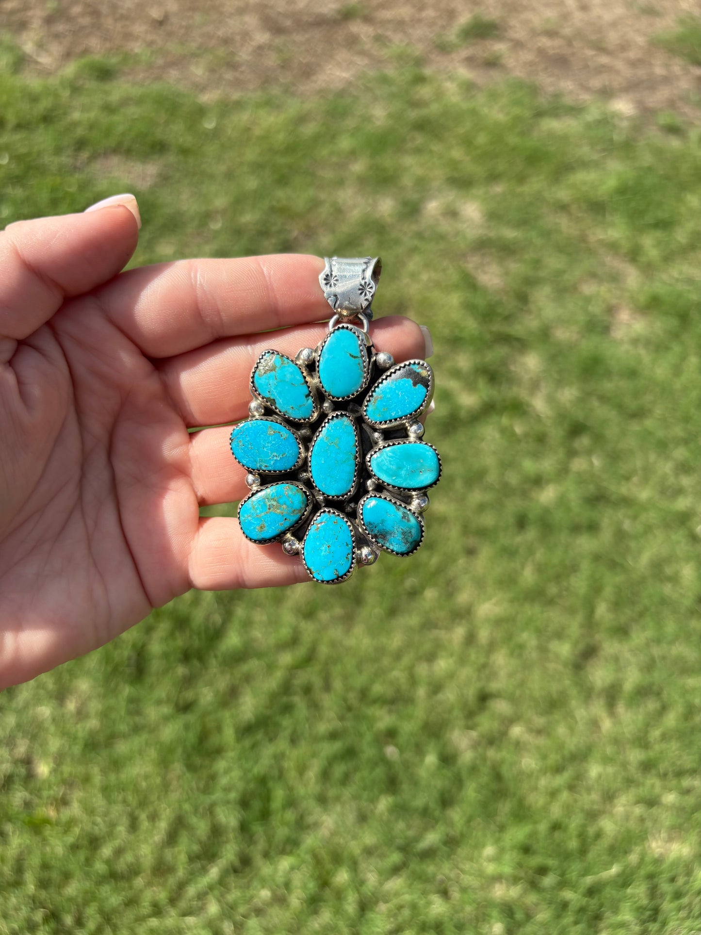 Kingman Turquoise Large 9-Stone Flower Cluster Pendant