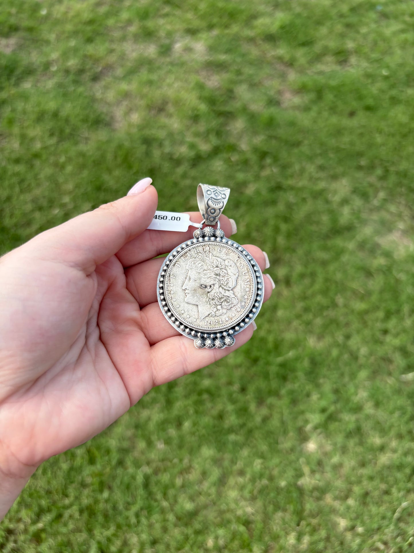 Sterling Large Liberty Coin Pendant with Bead Border