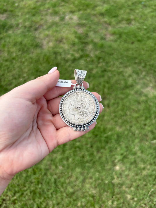 Sterling Large Liberty Coin Pendant with Bead Border