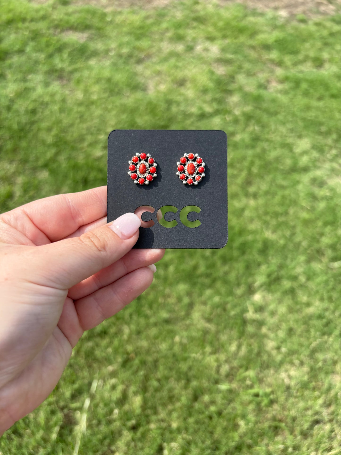 Red Coral Oval Flower Cluster Earrings