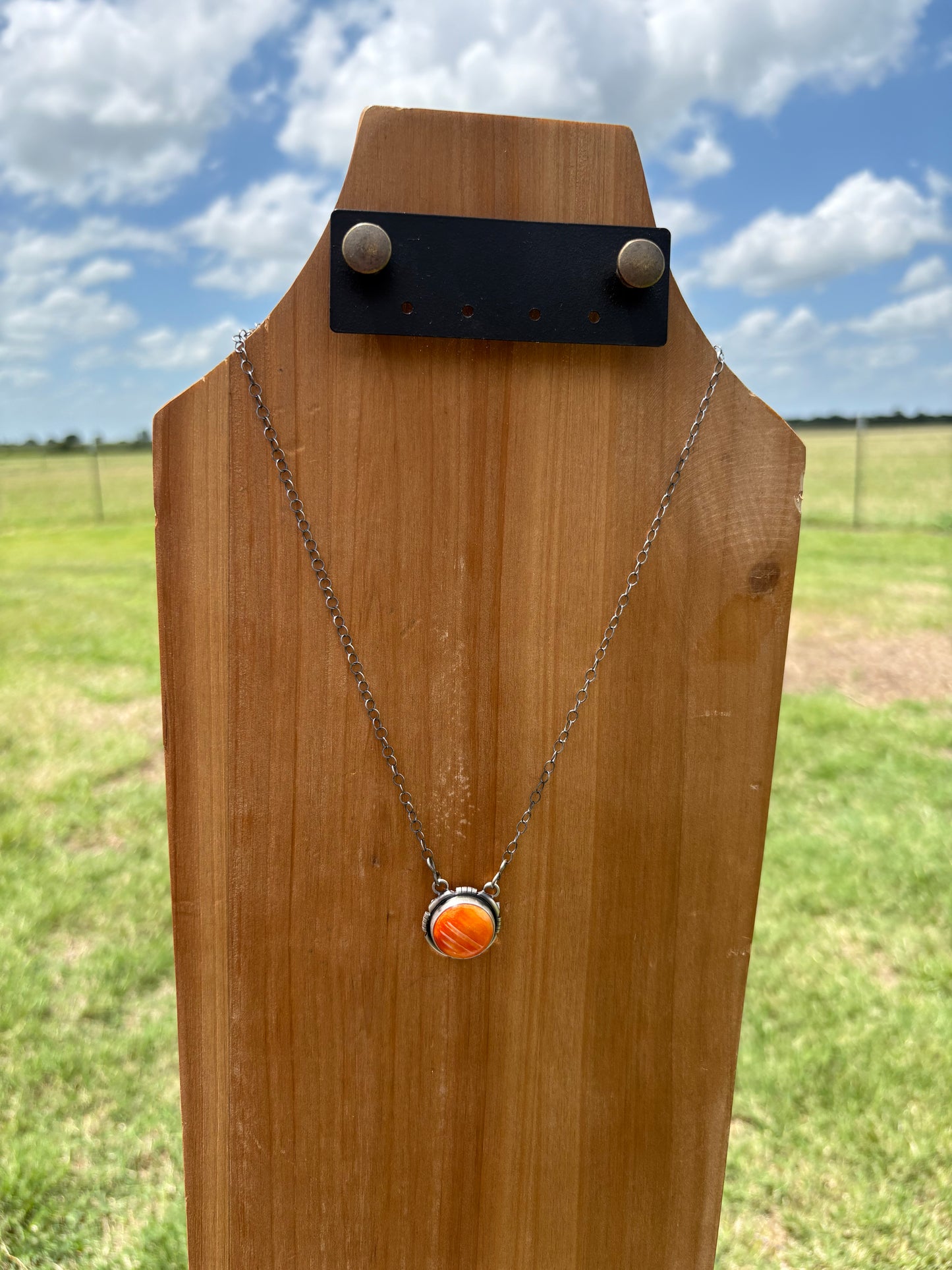 Orange Spiny Circle Necklace with Sterling Border - 19"