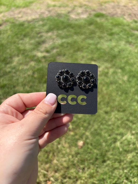 Black Onyx 9-Stone Medium Flower Cluster Earrings