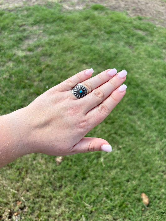 Turquoise Stamped Sterling Sunflower Ring - MULTIPLE SIZES