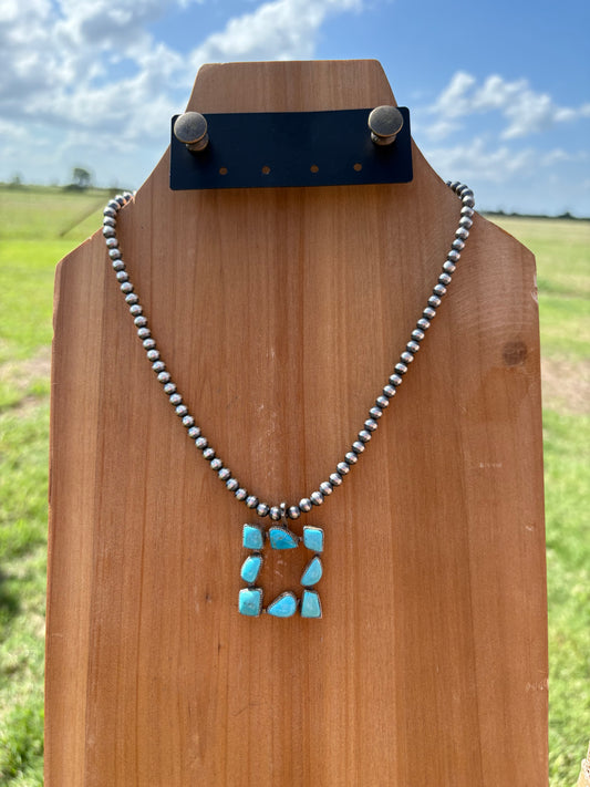 Turquoise Open 8-Stone Square Pendant on 5mm 18" Sterling Pearls