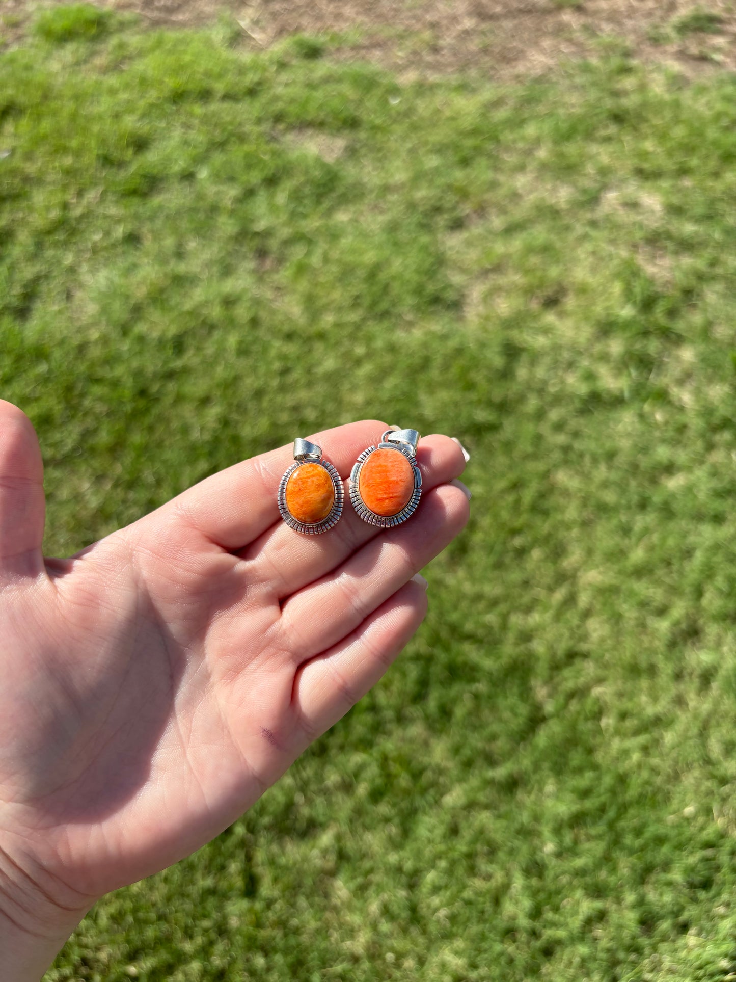 Orange Spiny Oval Sterling Edge Pendant