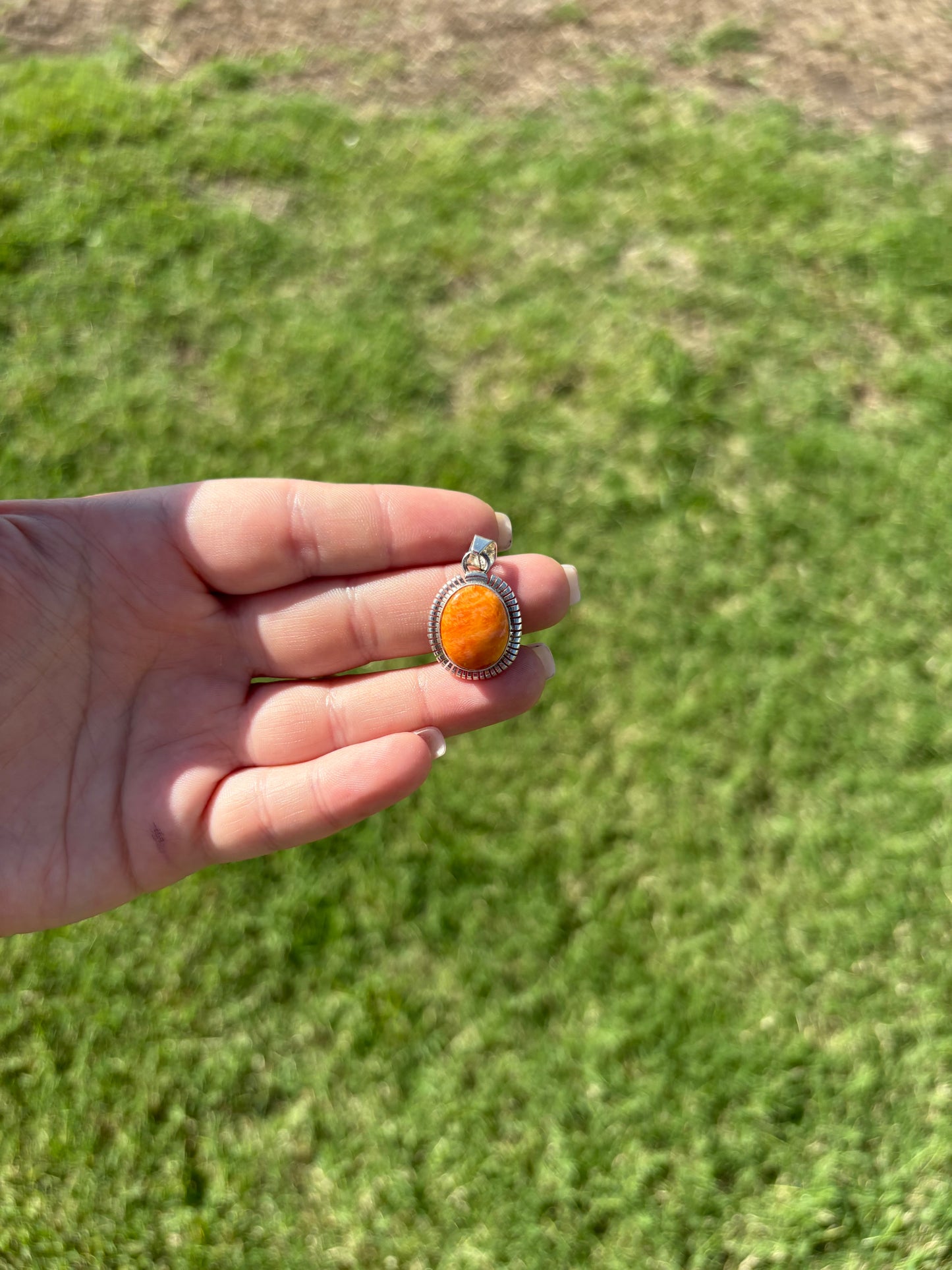 Orange Spiny Oval Sterling Edge Pendant