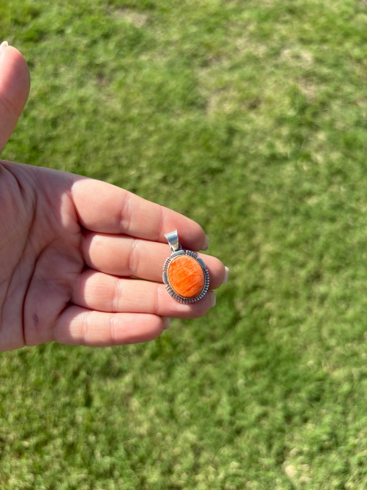 Orange Spiny Oval Sterling Edge Pendant