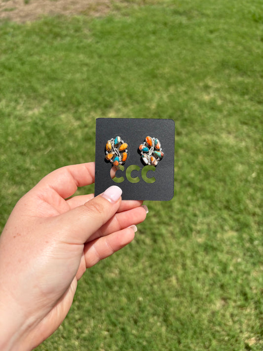 Turquoise Spiny 6-Stone Oval Cluster Earrings