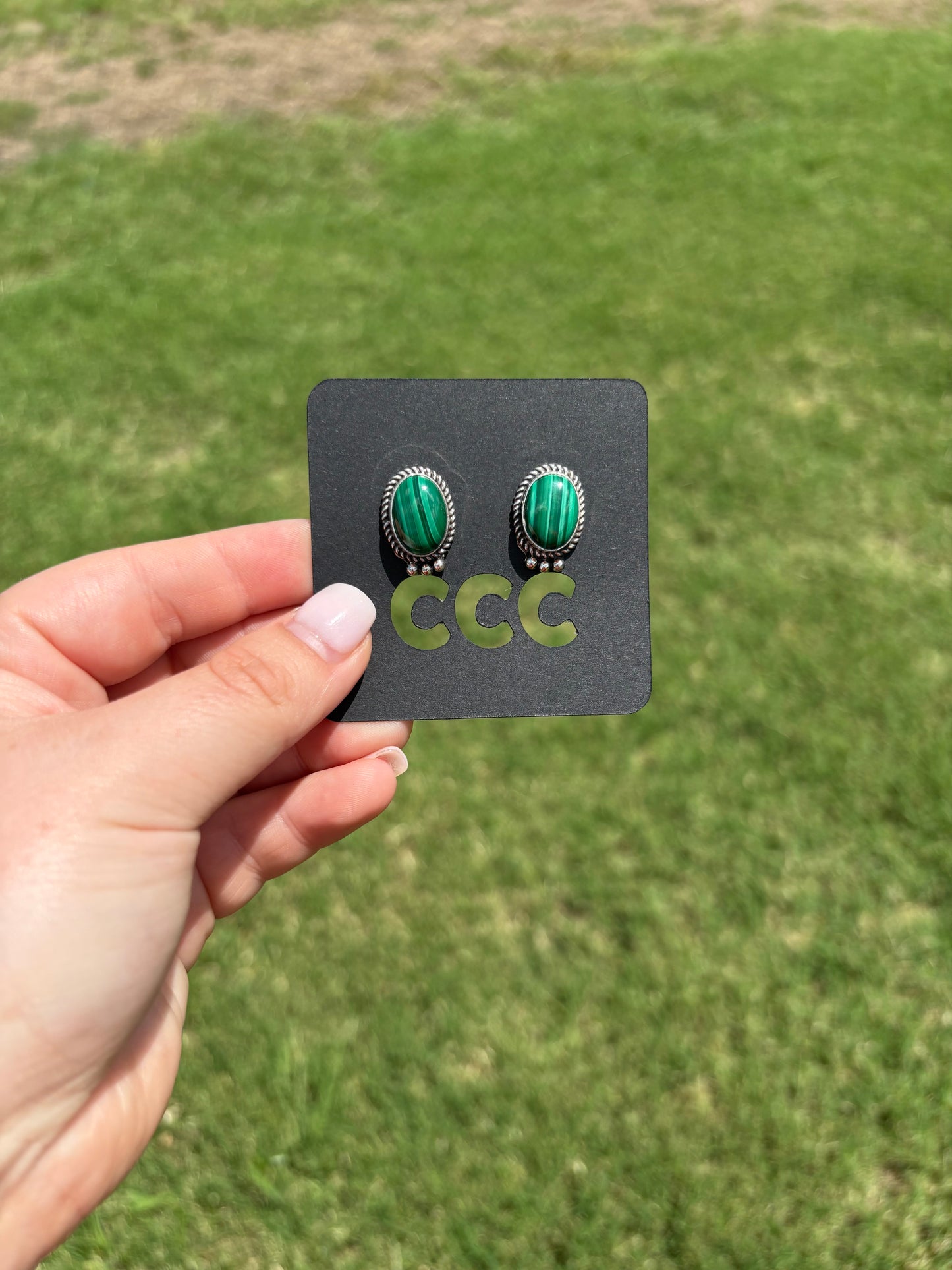 Green Malachite Medium Oval Studs with Bottom Detail