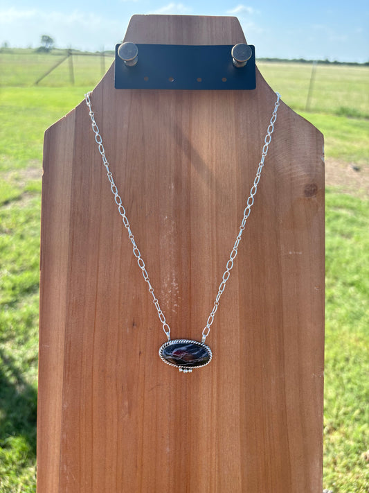 White Buffalo Medium Oval Bar Necklace with Detail Border