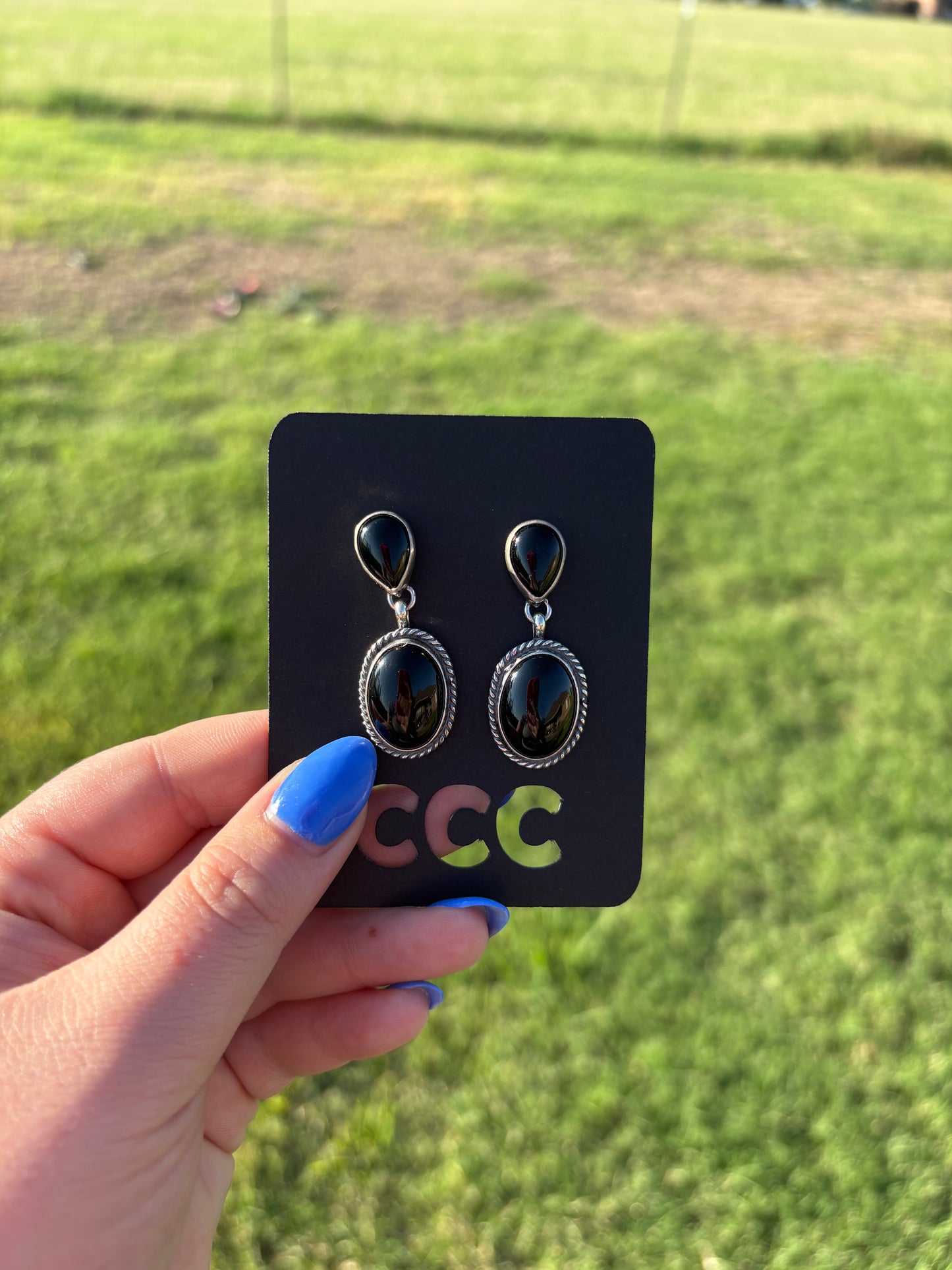 Black Onyx Teardrop Oval 2-Stone Dangle Earrings