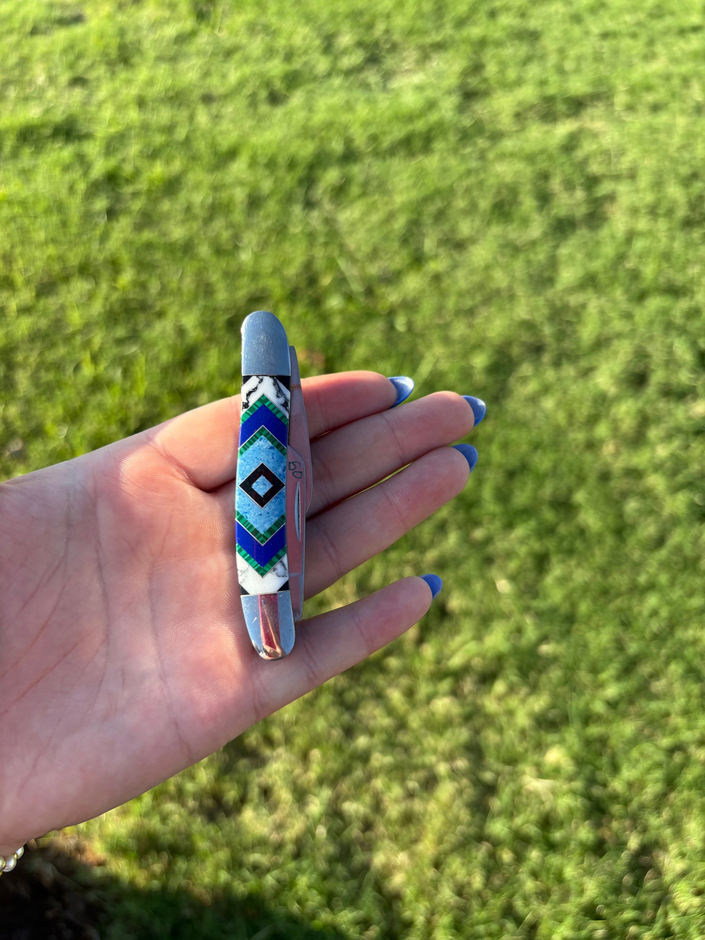 Lapis & Buffalo Inlayed Turquoise Pocket Knife (3 Blade)