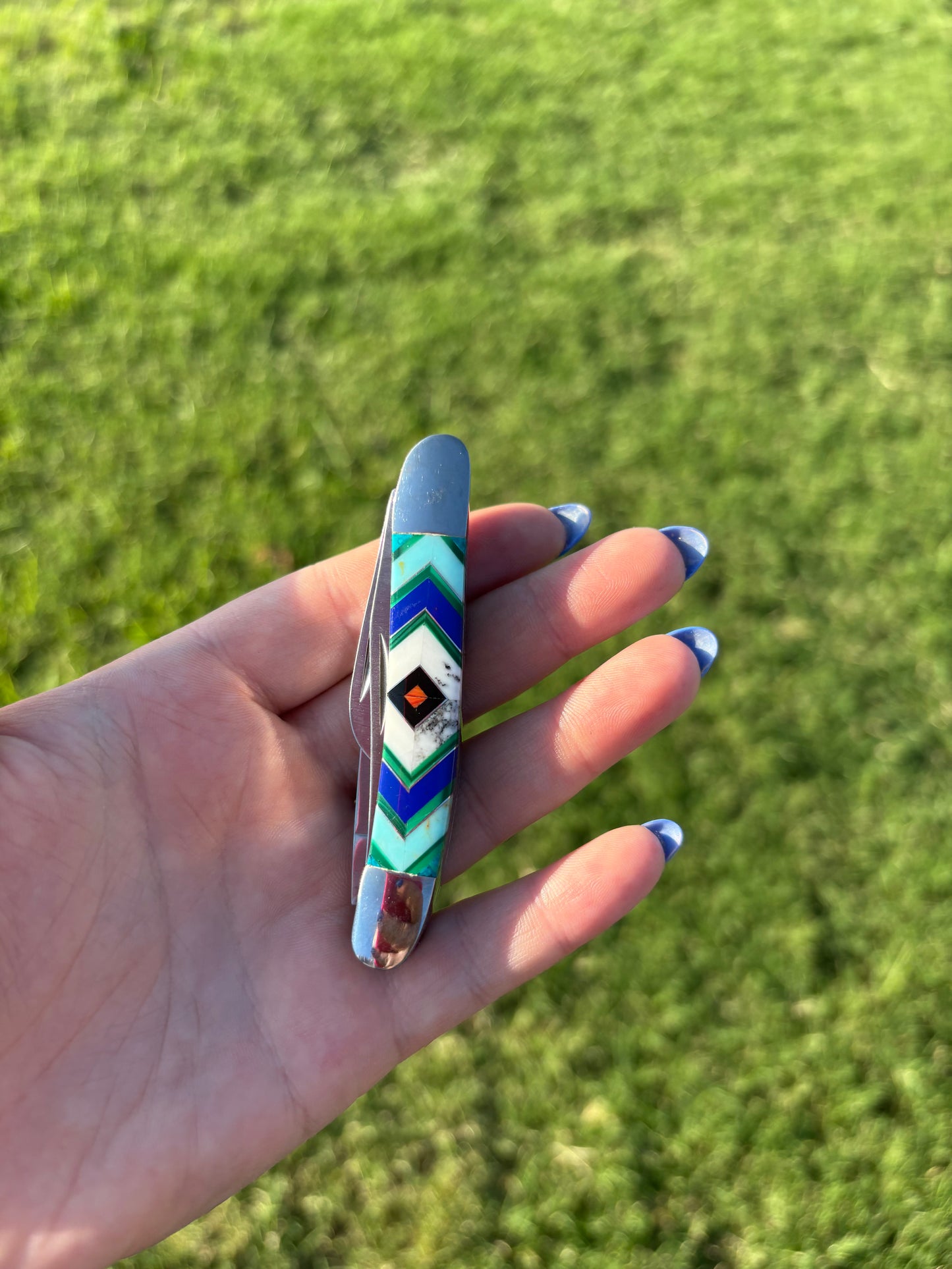 Lapis & Buffalo Inlayed Turquoise Pocket Knife (3 Blade)