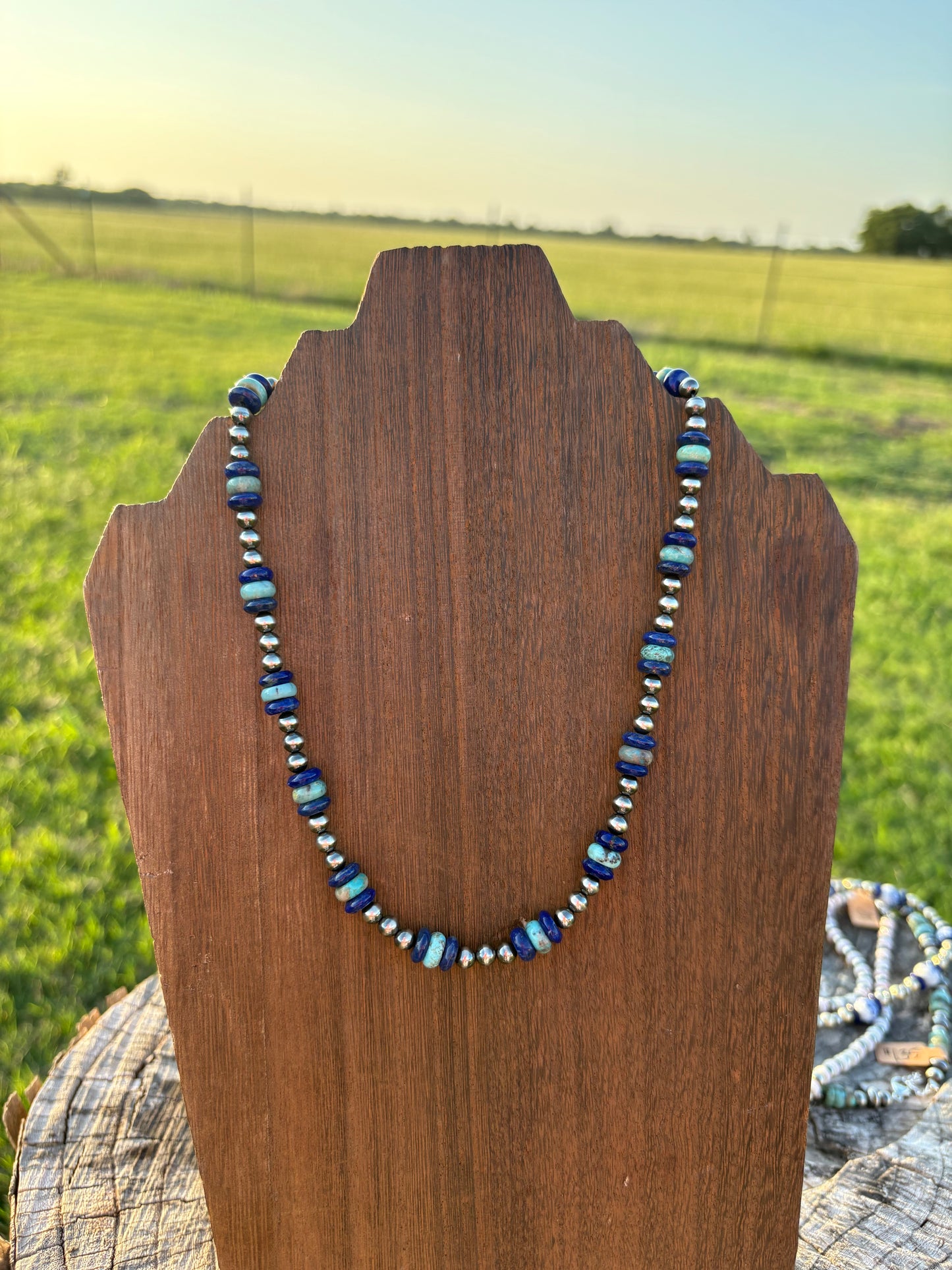 15" Turquoise and Blue Lapis with 5mm Sterling Pearl Necklace
