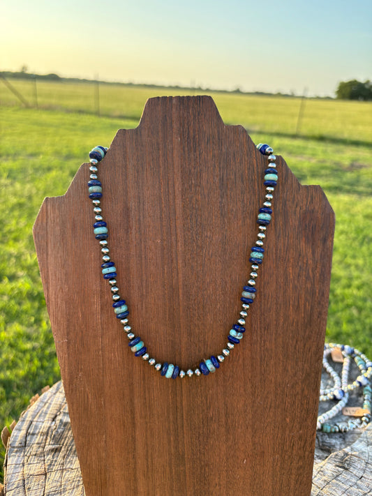 15" Turquoise and Blue Lapis with 5mm Sterling Pearl Necklace