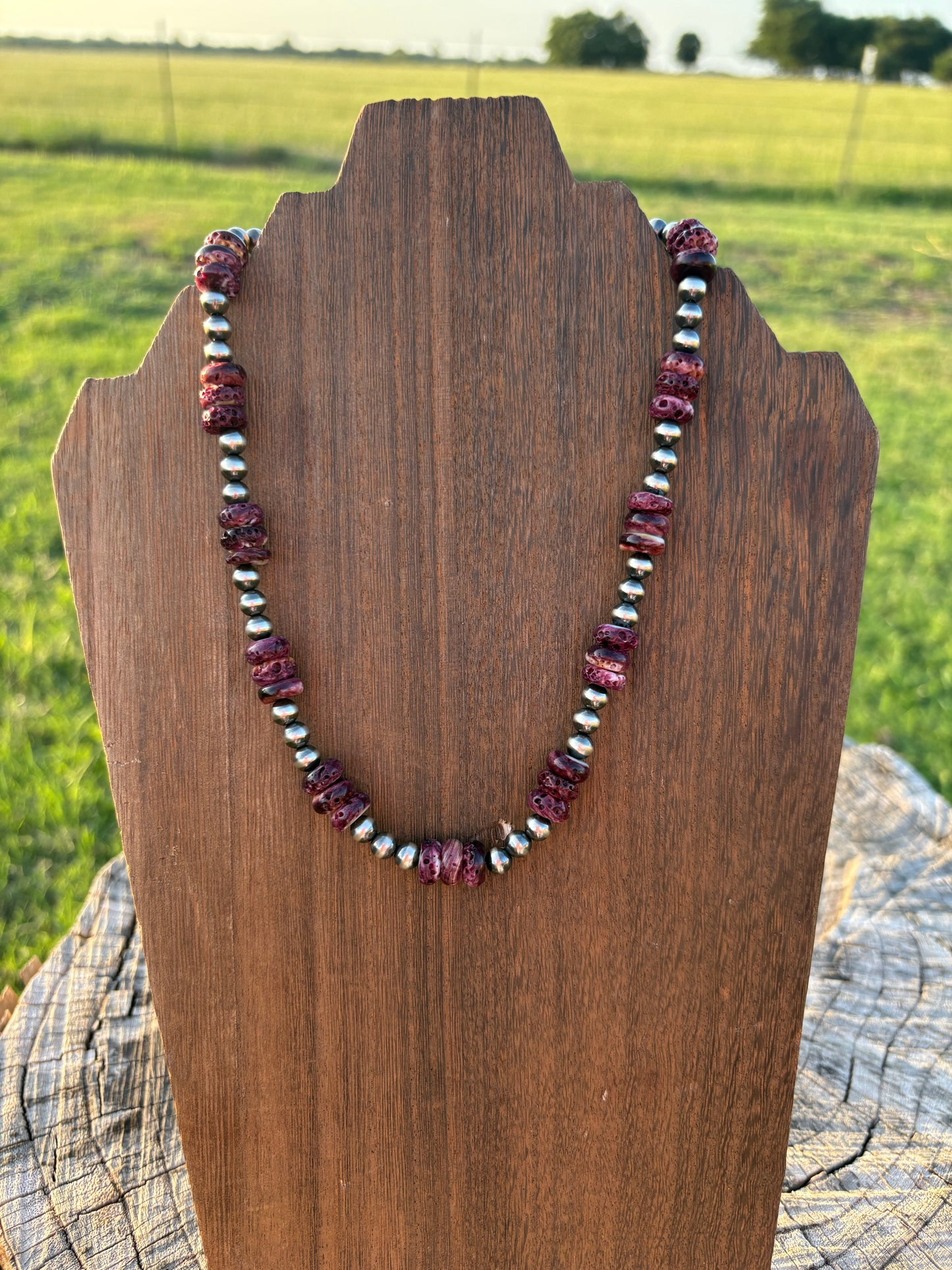 16" Purple Spiny Rondelle with 6mm Sterling Pearl Necklace