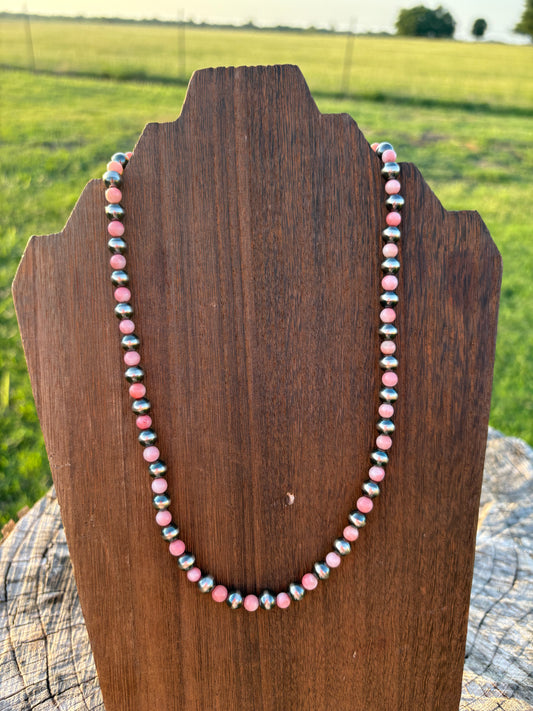 18" Angel Skin Coral with 6mm Sterling Pearl Necklace