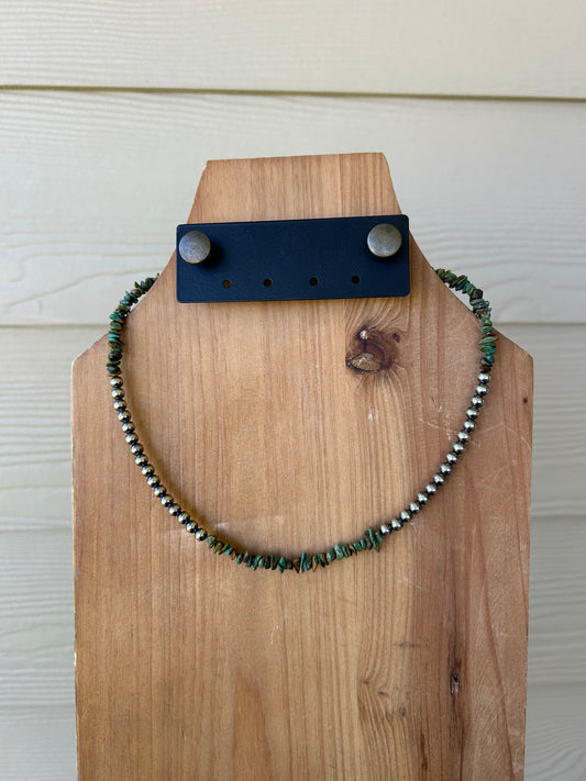 Green Kingman Heishi and Sterling Pearl Necklace - 16"-18"