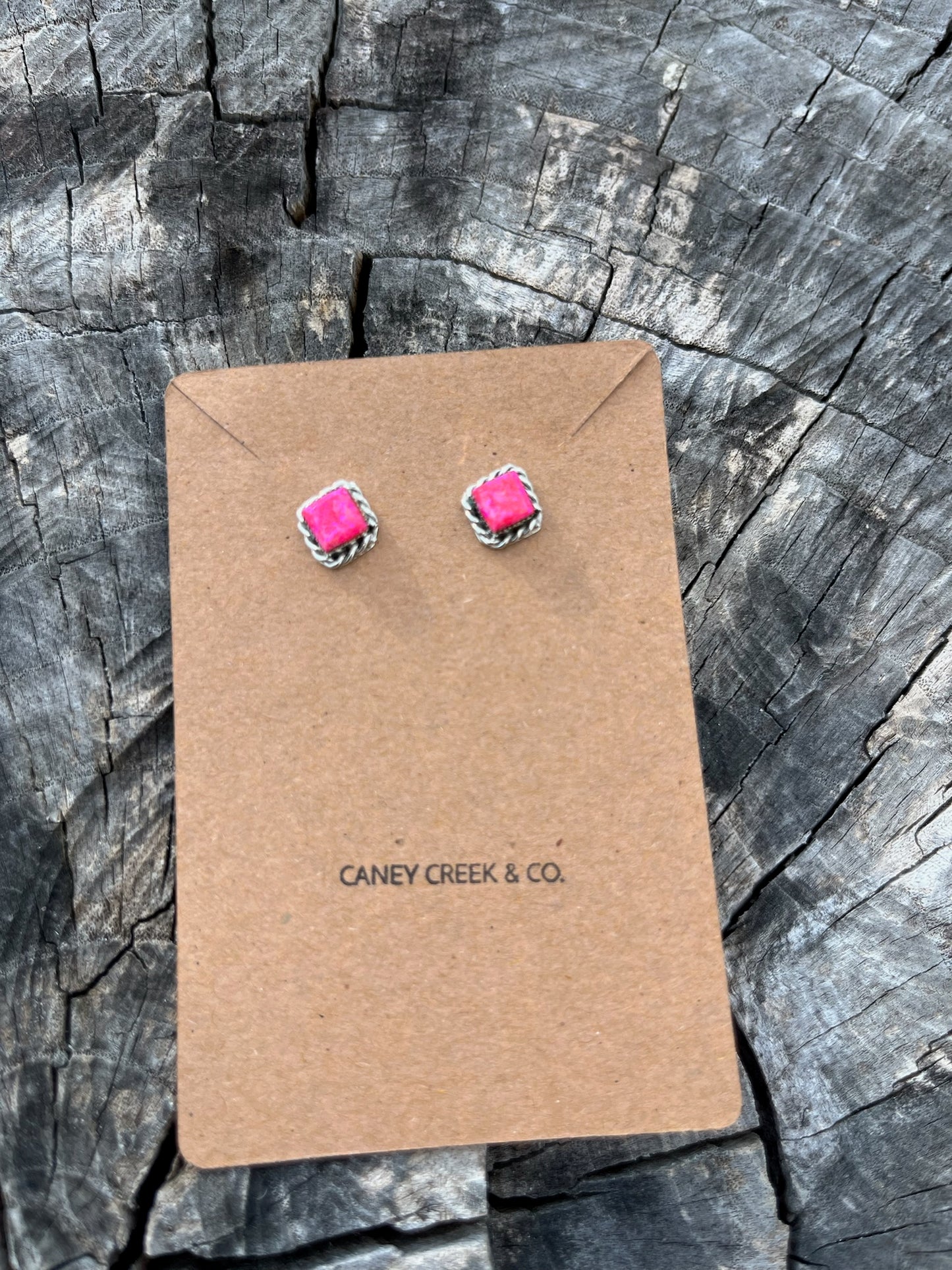 Pink Opal Extra Small Square Studs with Rope